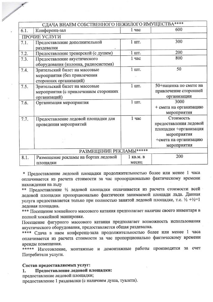 Перечень и стоимость платных услуг, оказываемых МУ ФСК "Некрасовский"